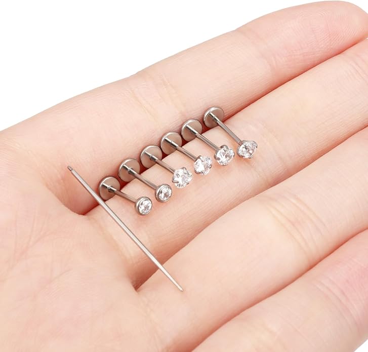 20G 18G 16G F316 Titanium Flat Back Nose Rings Studs Hypoallergenic Screw on Tragus Helix Cartilage Earrings Stud Piercing Jewerly for Women Men Bars 6mm