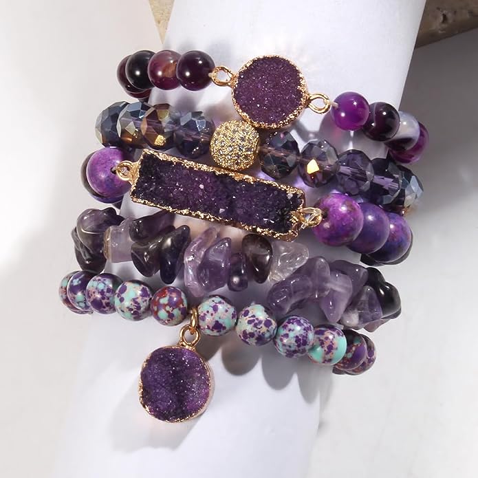 Yomisa 5PCS 6PCS Natural Boho Beaded Bracelets/Bangle for Women Men,Healing Turquoise Jasper Agate Crystal Gemstone Stone Chakra Multilayer Wrap Bohemian Handmade Jewelry Beads Stretch Bracelet Set