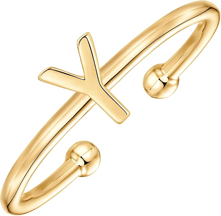 PAVOI 14K Gold Plated Initial Letter Adjustable Ring for Women - Thin Initial Band - Dainty Fashion Jewelry Gifts