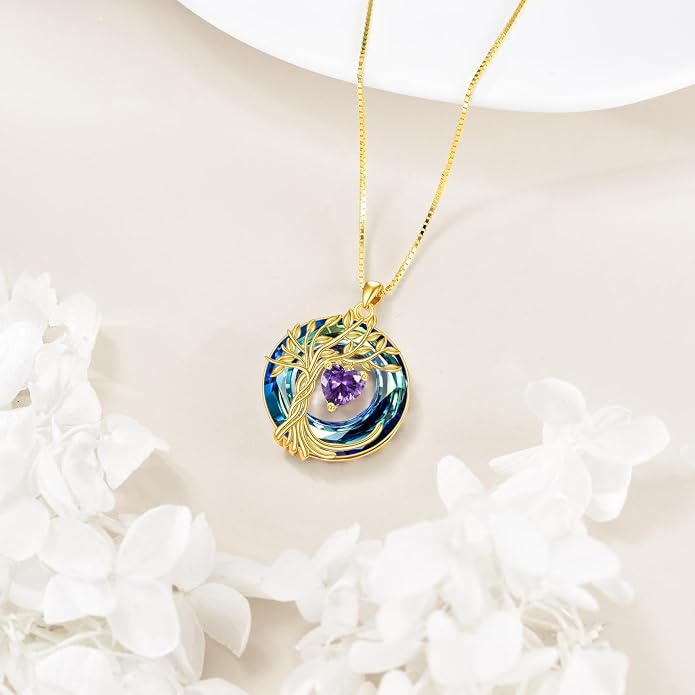 POPLYKE Mothers Day Gifts for Mom Her Wife Tree of Life Necklace 925 Sterling Silver Birthstone Pendant with Crystal Anniversary Birthday Wedding Jewelry for Women