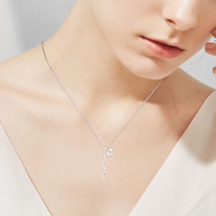 PRAYMOS Faith Cross Necklace for Women 925 Sterling Silver Pendant Necklace With Birthstone Initial Christian Religious Confirmation Baptism Mothers Day Gifts