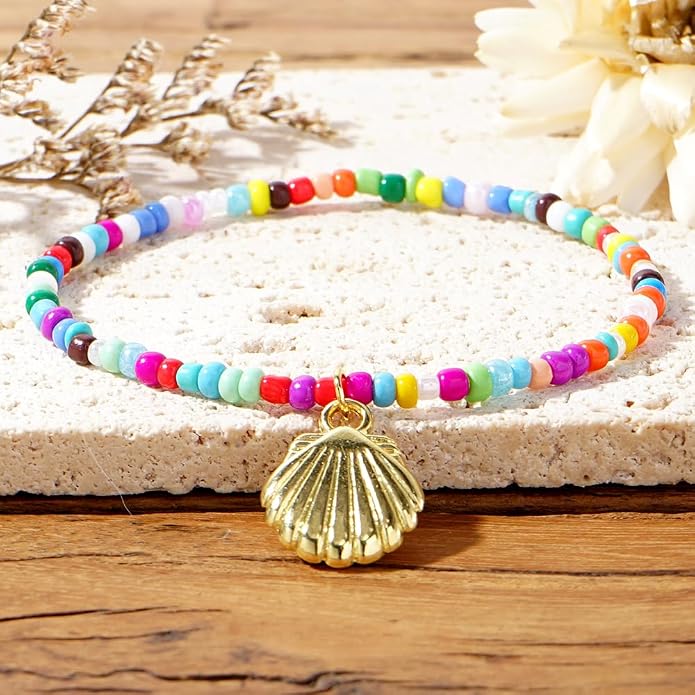 Shell Starfish Ankle Bracelet Set for Women,Handmade Bohemian Colorful Beaded Layered Hawaiian Beach Seashell Starfish Foot Jewelry Gifts Friendship Family