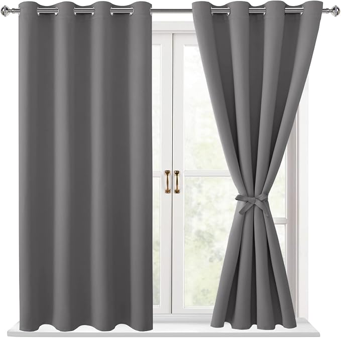 Hiasan Blackout Curtains for Bedroom - Thermal Insulated & Light Blocking Window Curtains for Living Room/Kids Room, 2 Drape Panels Sewn with Tiebacks, Light Grey, 52 x 45 Inch