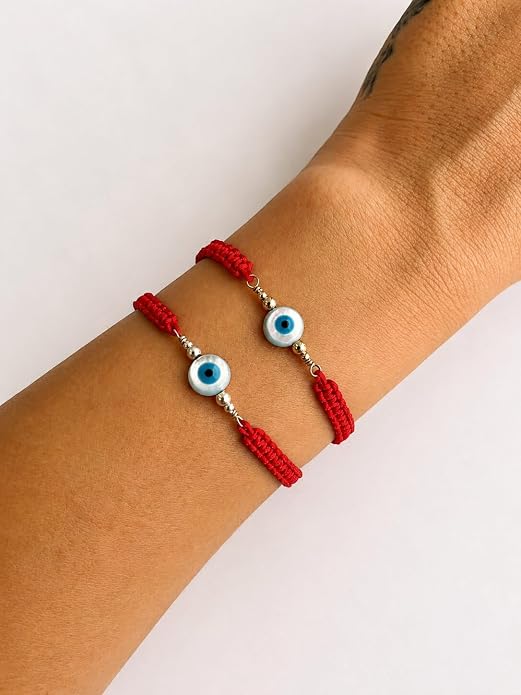 Evil Eye Bracelet for Men Women, Sterling Silver Protection Bracelet, Adjustable Black or Red Woven Cord Bracelet, Good Luck Jewelry Gift