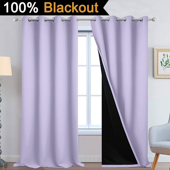 Yakamok Lilac 100% Blackout Curtains 108 Inches Long for Bedroom 52" Wide | Blackout Curtain Panels for Bedroom, 2 Thick Layers Grommet Top Thermal Insulated Drapes with Black Liner for Living Room