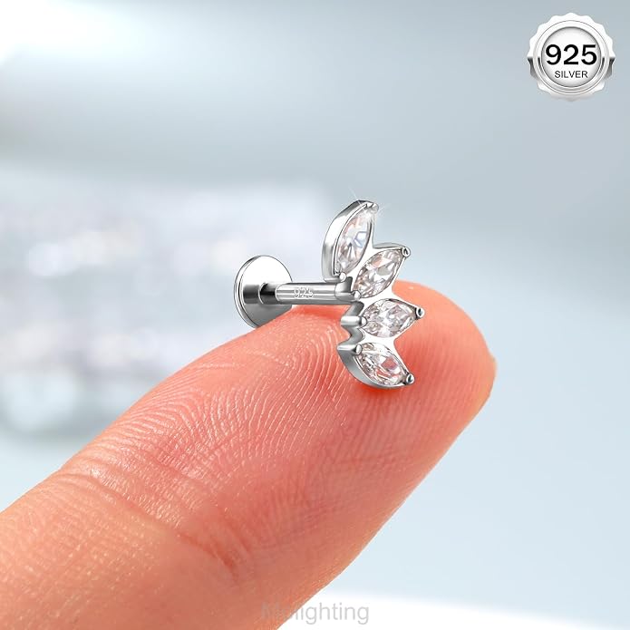 Melighting 16G Curved Helix Earring, Sterling Silver 925 Tragus Conch Stud Internally Threaded, Clear Marquise Round CZ Flat Back Lobe Labret Cartilage Piercing Jewelry for Women 6/8 mm