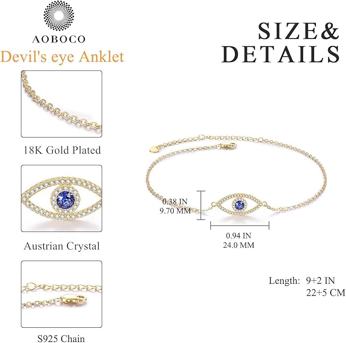 AOBOCO 925 Sterling Silver Anklet for Women Crystal Butterfly Dragonfly Evil Eye Ankle Bracelet Ankle Summer Beach Jewelry Gifts