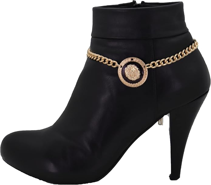 Women Western Fashion Jewelry Boot Bracelet Gold Metal Chain Shoe Anklet Lion Coin Charm Band PAIR BC138