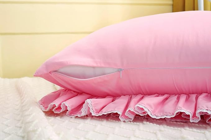 2-Pack Luxury Lace Pink Euro Shams Throw Pillow Covers Cushion Cases with Ruffles Cotton 26"X26" Zipper Closure Elegant