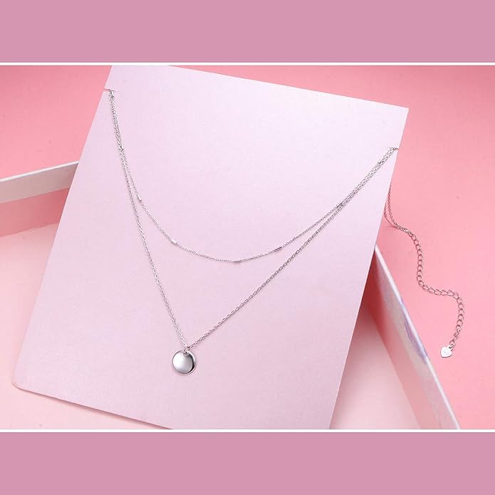 FLYOW Layered Choker Necklace S925 Sterling Silver Star Full Moon Daisy Flower Pendant Disc Jewelry Adjustable Clavicle Necklaces for Women Girls Birthday Gifts