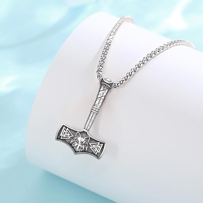 Thors Hammer Necklace - Viking Mjolnir Necklace Nordic Vegvisir Valknut Symbol Pendant 925 Sterling Silver Norwegian Amulet Jewelry Gift for Men Women