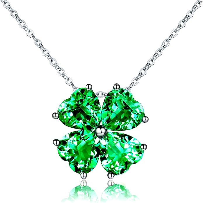 JIANGXIN Colorful Birthstone 925 Sterling Silver Handmade Pendant Necklace for Women Lucky Four Leaf Clover Plant Shamrock Jewelry Rhodium Plated