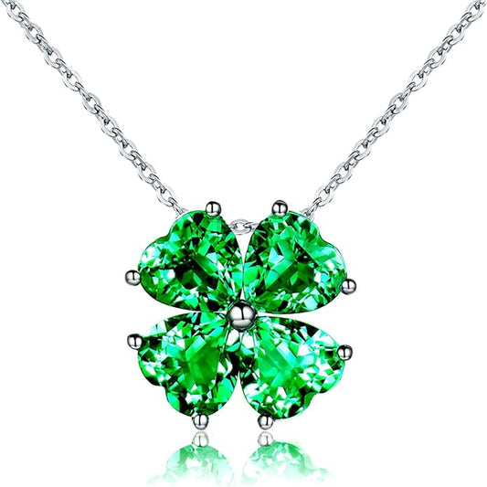 JIANGXIN Colorful Birthstone 925 Sterling Silver Handmade Pendant Necklace for Women Lucky Four Leaf Clover Plant Shamrock Jewelry Rhodium Plated