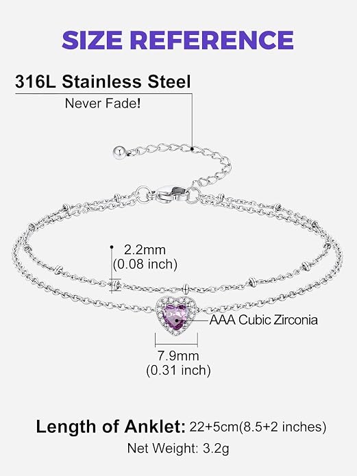 Richsteel Double Layer Heart/Butterfly Birthstone Anklet for Women Non Tarnish Waterproof, Silver/Gold/Black Stainless Steel 8.5-10.5 Inch Adjustable Chain Anklets Jewelry Gifts for Her