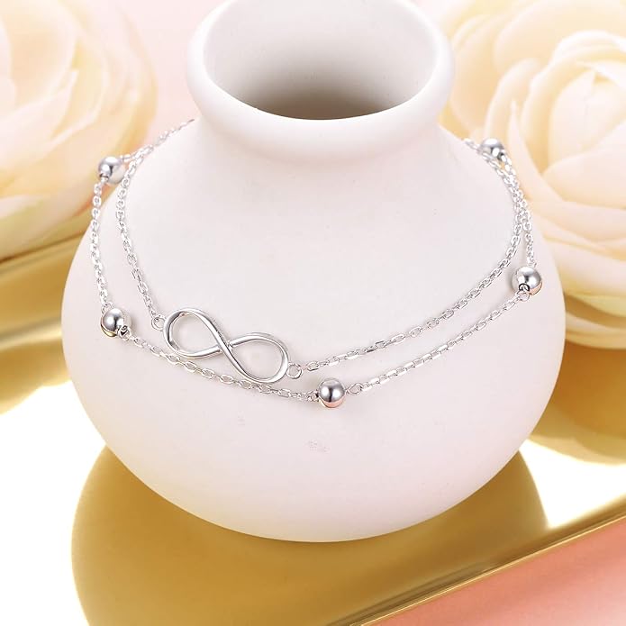 Flyow Anklet for Women S925 Sterling Silver Adjustable Foot Beaded Heart Charm Ankle Bracelet Anklets Jewelry
