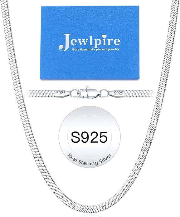 Jewlpire 3mm 4mm 5mm Herringbone Necklace 18K Gold Plated 925 Sterling Silver Chain Necklace for Women, Flat Snake Chain Necklace, Women's Chains Necklaces 16 18 20 22 24 Inch