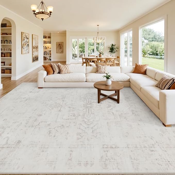 10x12 Area Rug for Living Room: Vintage Boho Neutral Washable Rug Indoor Soft Large Area Rug Carpet for Bedroom Nursery Farmhouse Dining Room Office Floor Non-Slip Low Pile Under Table Neutral Cream