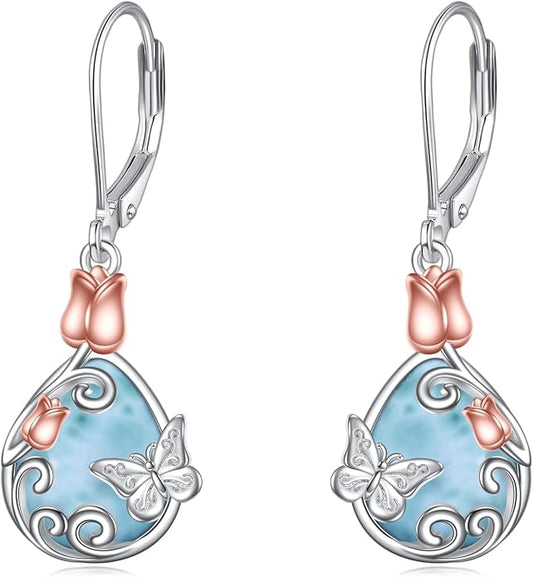 AOBOCO Teardrop Dangle Earrings for Women 925 Sterling Silver Moonstone Flower Filigree Leverback Jewelry Birthday