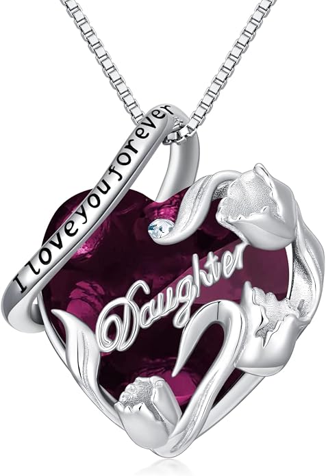 PROESS S925 Sterling Silver Daughter Heart Pendant Necklace from Dad Mom I Love You Forever Jewelry