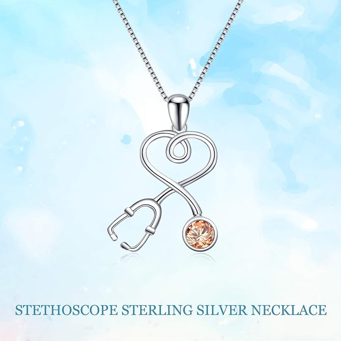 AOBOCO Stethoscope Necklace 925 Sterling Silver Embellished with 12 Months Birthstone Crystals from Austria, Graduation Gifts Medical Jewelry for Doctor Nurse Medical Student RN