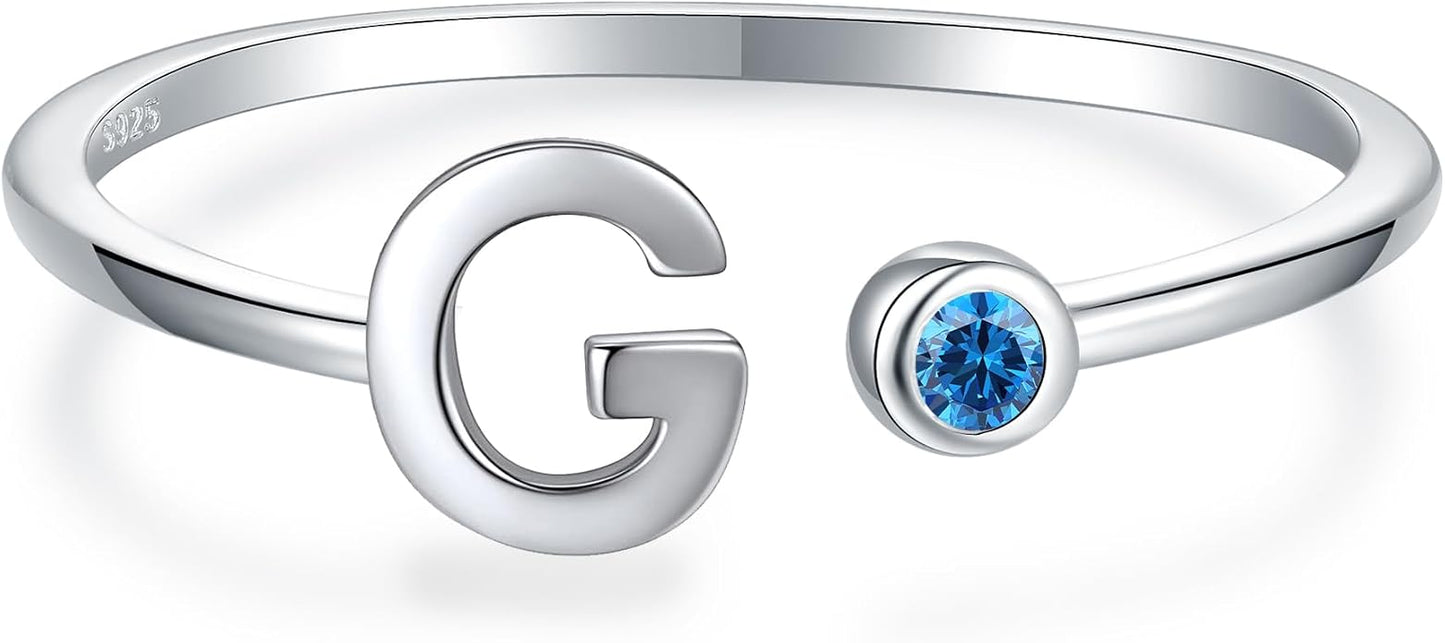 925 Sterling Silver Initial Letter Birthstone Rings for Women Adjustable 1-12 Month Birthstone Alphabet Stacking Ring for Teens Girls Stackable Birthstone Rings Birthday Jewelry Gift for Daughter Mom