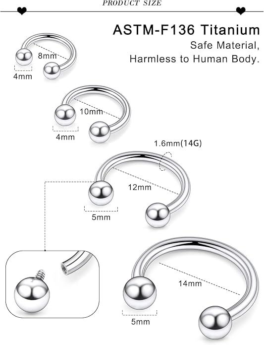 20G 18G 16G 14G 12G 8G 6G 4G 2G ASTM F136 Titanium Internal Thread Horseshoe Septum Ring Jewelry Circular Barbell Helix Snug Tragus Rook Daith Cartilage Earring Lip Ring Piercing Jewelry