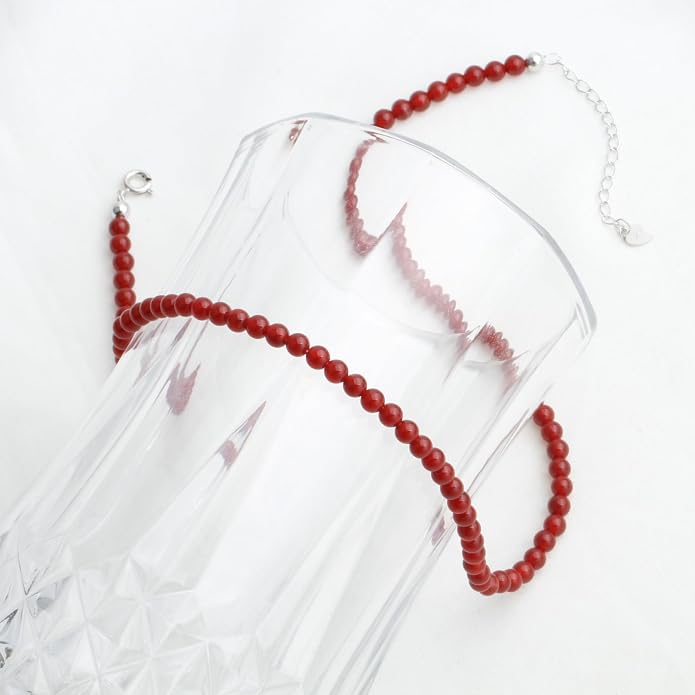 Kakikaki Natural Agate Choker Necklace Sterling Silver Round Beads Strand Necklace for Women
