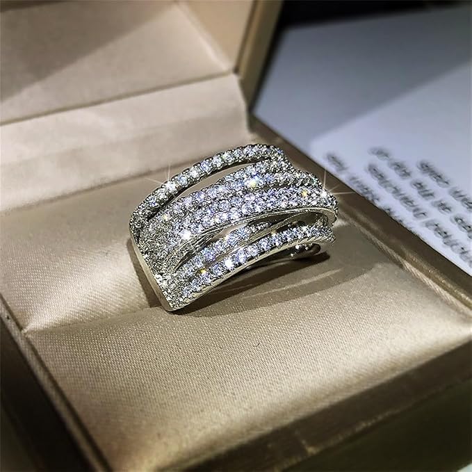 925 Sterling Silver Shiny Full Diamond Gemstone Ring 18K Gold Cocktail Criss Cross Cubic Zirconia Ring CZ Diamond Multi Row Rings Eternity Engagement Wedding Party Ring for Women Z.134 (US Code 9)
