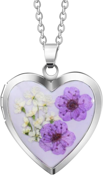 Handmade Heart Shaped Dried Pressed Forget Me Not Flower Photo Locket Pendant Necklace