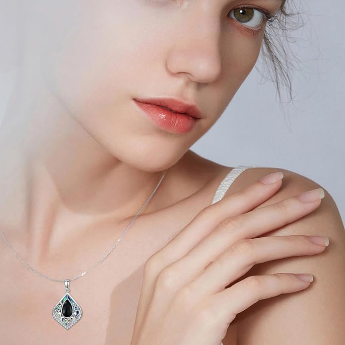HPQQ Filigree Gemstone Necklace 925 Sterling Silver Teardrop Bohemian Necklace Abalone Shell Jewelry Birthday Gifts for Women