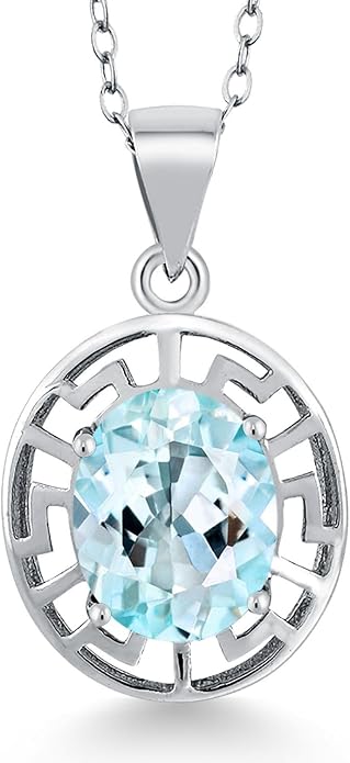 Gem Stone King 925 Sterling Silver 10X8MM Oval Gemstone Birthstone Necklace | Greek Key Pendant Necklace for Women | With 18 Inch Silver Chain