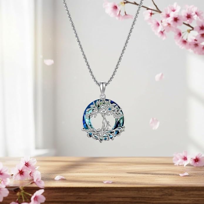 Tree of Life Necklace 18K White Gold Plated Tree of Life Abalone Shell/Crystal Pendant Necklace Family Tree Jewelry Gifts for Women Mothers Day Gifts