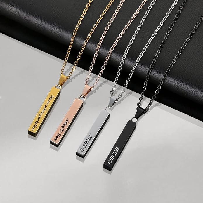 BellBlow- Personalized Bar Necklace Engraved with Name for Men Woman, Custom 3D Vertical Bar Pendant Name Chain Necklaces, 4sides Customizable Name Plate Necklace Jewelry Gift Boyfriend Girlfriend