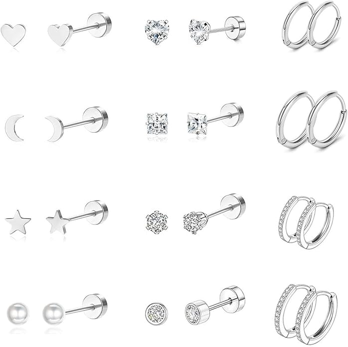 Hypoallergenic 20G 6mm Flat Back Stud Earrings & 18G 8mm/10mm Small Hoop Earrings Set for Women, 12 Pairs Stainless Steel Cartilage Earrings for Multiple Piercings