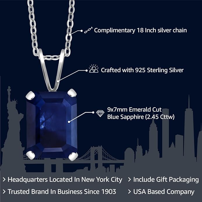 Gem Stone King Emerald Cut Pendant Necklace For Women | 925 Sterling Silver | Emerald Cut 9X7MM | Gemstone Birthstone | Fine Jewelry for Her Mom Wife | With 18 Inch Silver Chain