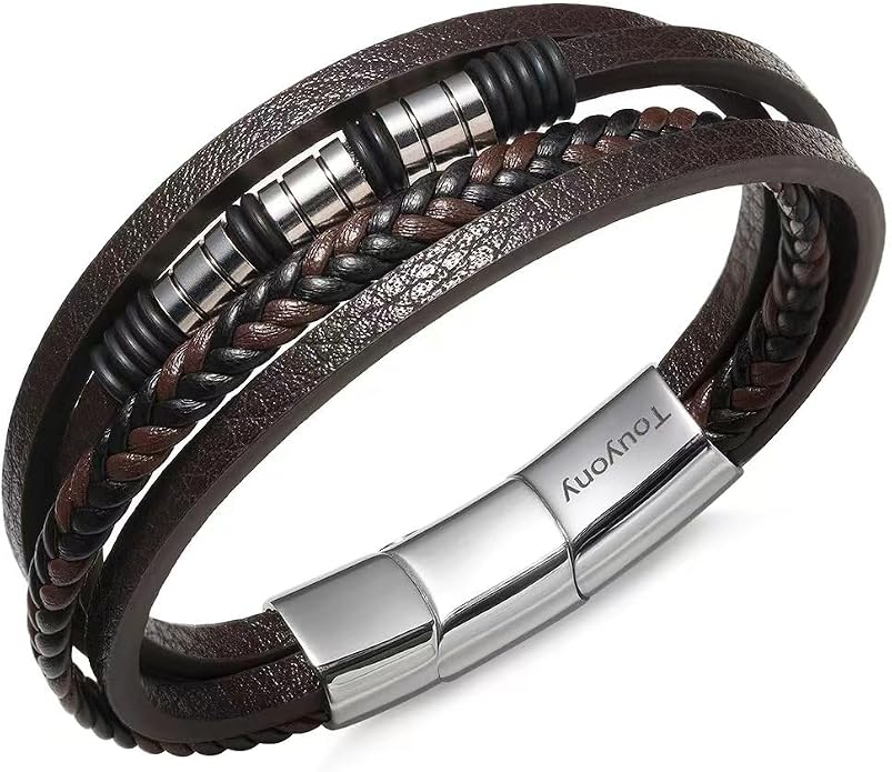 Mens Leather Bracelet Multi Layer – Braided Black Wristband with Stainless Steel Clasp, Minimalist Stylish Jewelry for Men, Everyday Wear Brown Black Blue