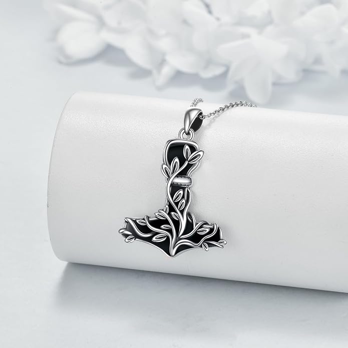 Thor Hammer Necklace 925 Sterling Silver Mjolnir Tree of Life Pendant Necklace Viking Vegvisir Jewelry for Women wife Mom