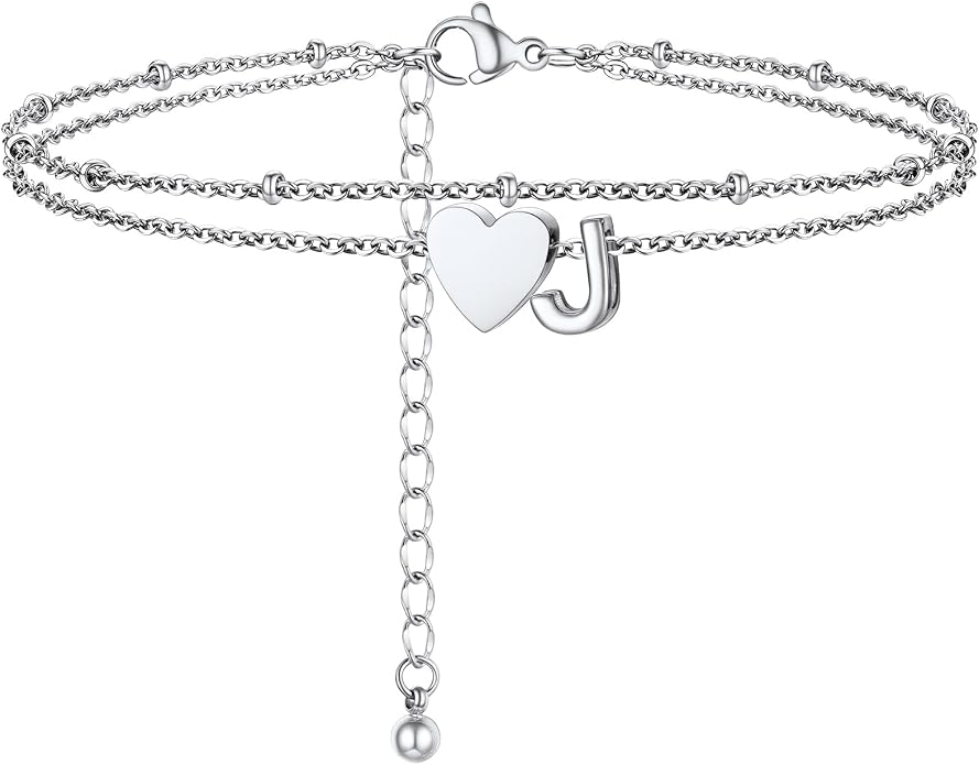 Initial Ankle Bracelets for Women, Dainty Stainless Steel Letter A-Z Layered Anklets, Heart Ankle Bracelet 8.5"-10.5" Adjustable, Summer Beach Jewelry, Come with Box