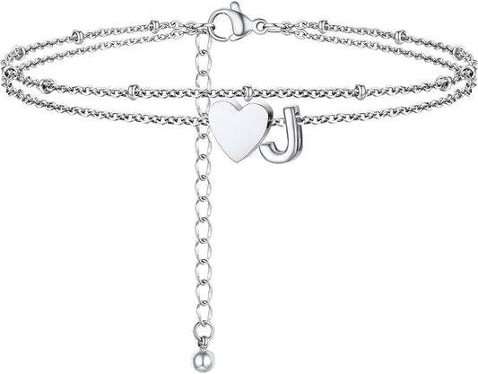Initial Ankle Bracelets for Women, Dainty Stainless Steel Letter A-Z Layered Anklets, Heart Ankle Bracelet 8.5"-10.5" Adjustable, Summer Beach Jewelry, Come with Box