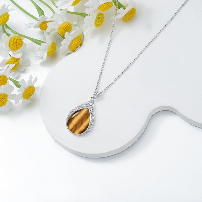 HPQQ Teardrop Necklace 925 Sterling Silver Filigree Gemstone Pendant Necklace Fine Jewelry Birthday Mother's Day Gifts for Women Her Mom