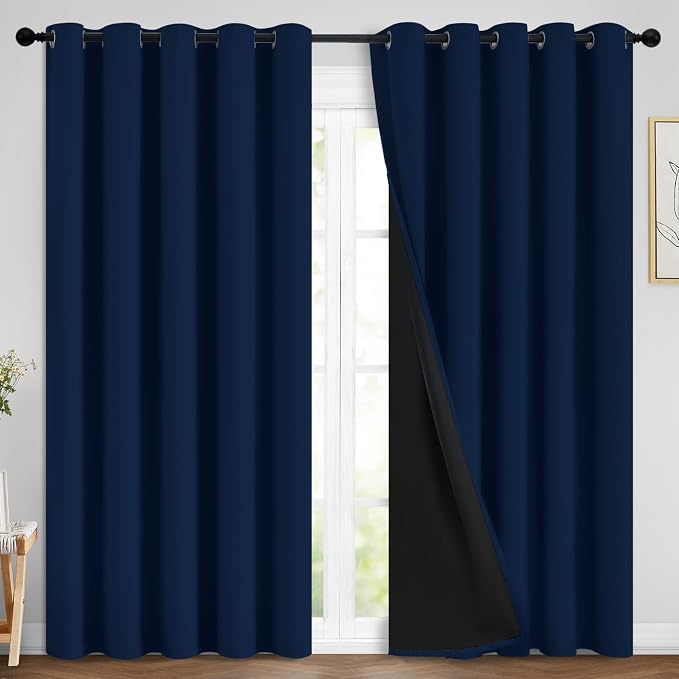 Yakamok Navy Blue 100% Blackout Curtains 84 Inches Long 70" Wide, 2 Panels | Blackout Curtain Panels for Bedroom, 2 Thick Layers Grommet Top Thermal Insulated Drapes with Black Liner for Living Room