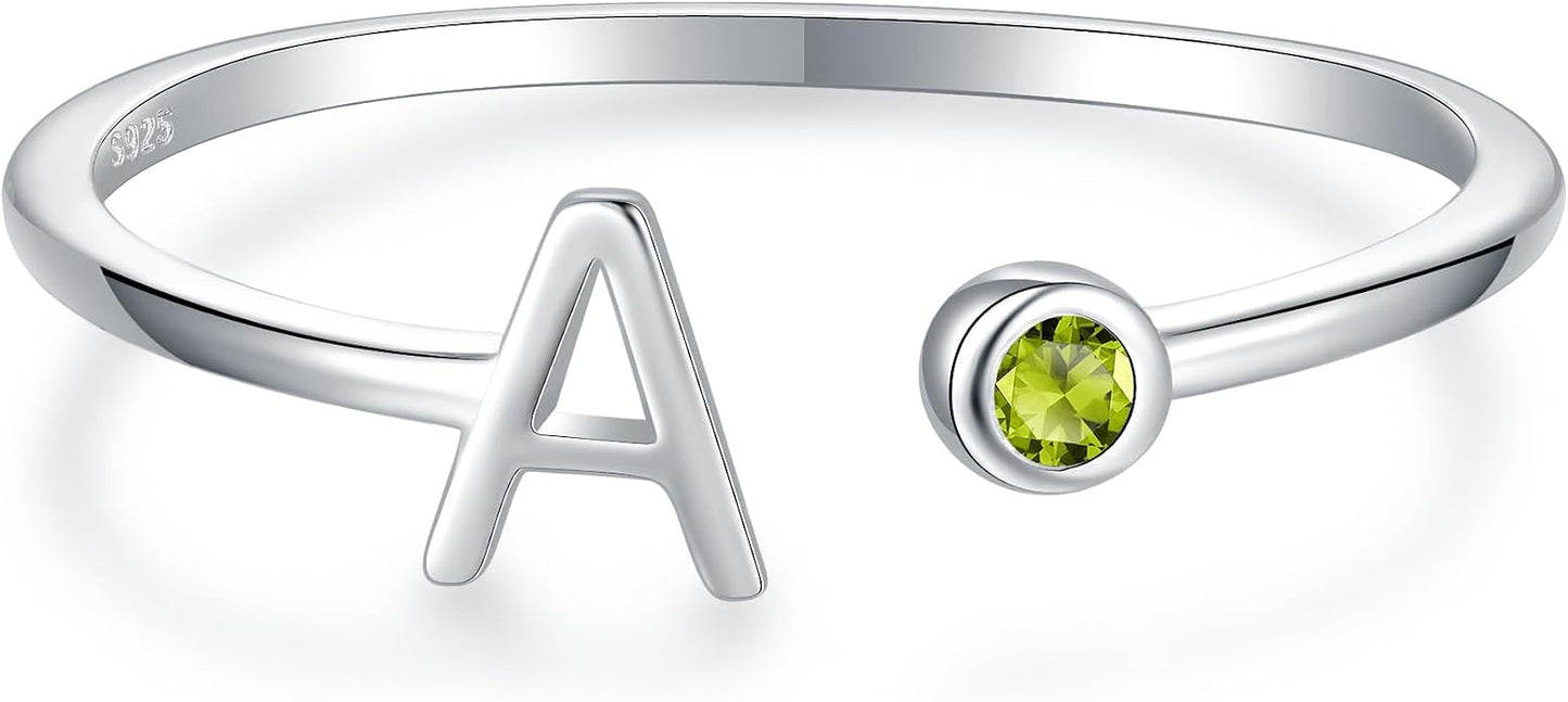 925 Sterling Silver Initial Letter Birthstone Rings for Women Adjustable 1-12 Month Birthstone Alphabet Stacking Ring for Teens Girls Stackable Birthstone Rings Birthday Jewelry Gift for Daughter Mom