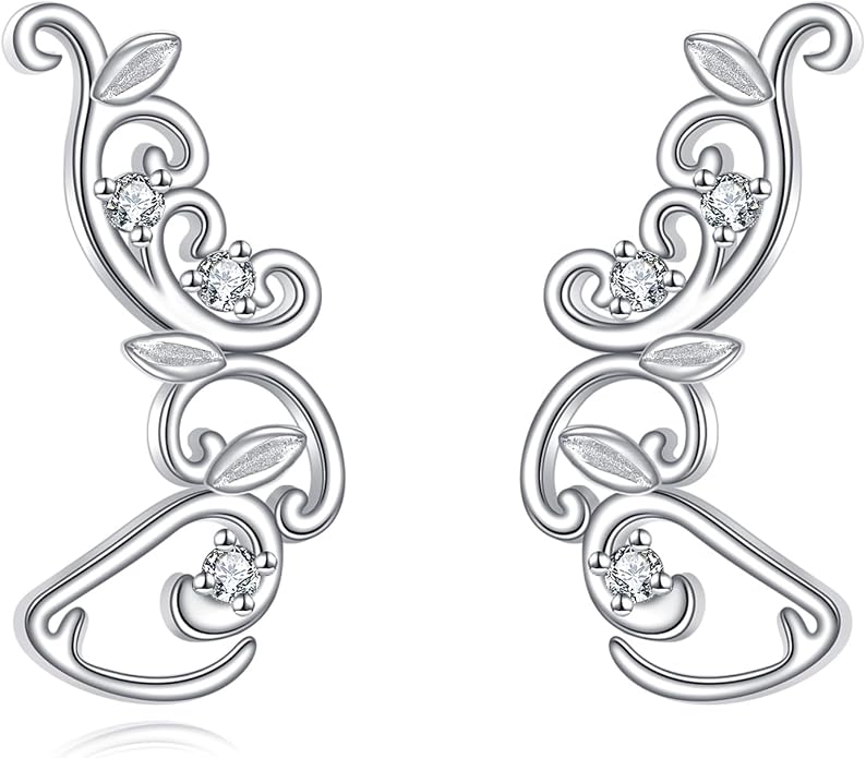 POPLYKE Vintage Ear Climbers Earrings for Women 925 Sterling Silver Filigree Ear Crawler Cuff Studs Jewelry Gifts
