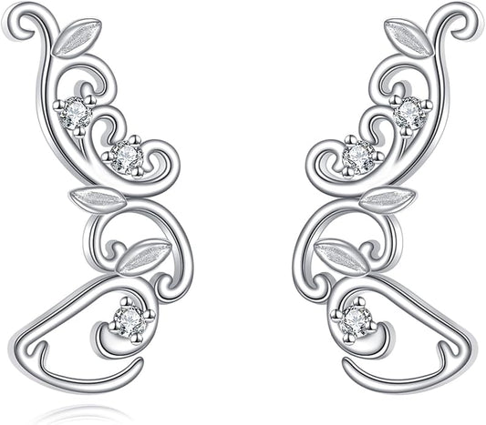 POPLYKE Vintage Ear Climbers Earrings for Women 925 Sterling Silver Filigree Ear Crawler Cuff Studs Jewelry Gifts