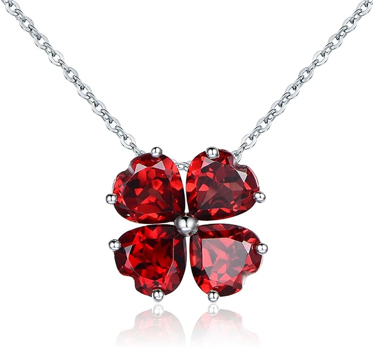 JIANGXIN Colorful Birthstone 925 Sterling Silver Handmade Pendant Necklace for Women Lucky Four Leaf Clover Plant Shamrock Jewelry Rhodium Plated