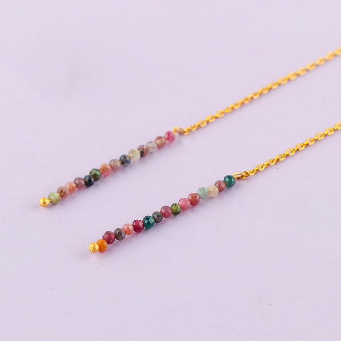Natural Gemstone Threader Earrings for Women - Dainty 2mm Faceted Beads - Birthstone Crystal Drop Earrings - Silver Plated Healing Jewelry