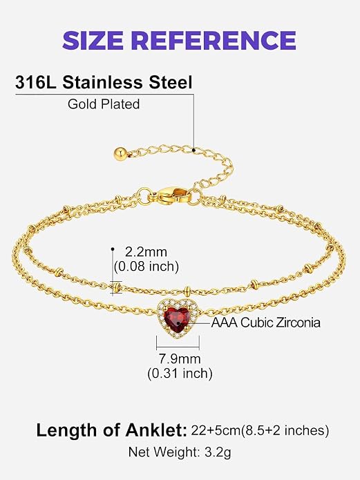 Richsteel Double Layer Heart/Butterfly Birthstone Anklet for Women Non Tarnish Waterproof, Silver/Gold/Black Stainless Steel 8.5-10.5 Inch Adjustable Chain Anklets Jewelry Gifts for Her
