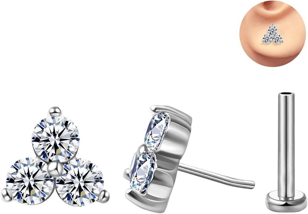 FANSING Cartilage Earring Tragus Stud Trio CZ Stone Flat Back Earring for Helix Conch Threadless Push Pin Labret Stud
