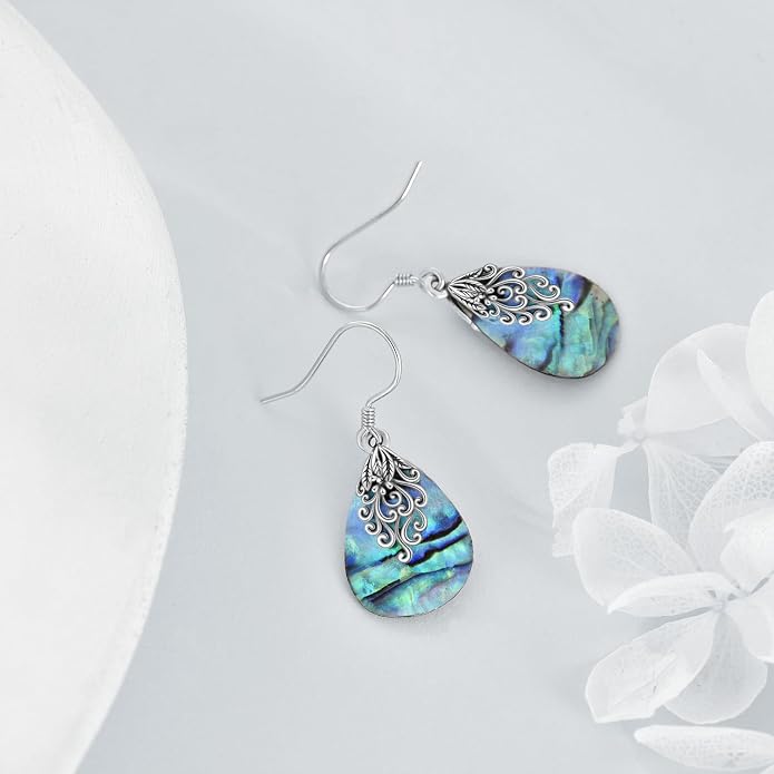 Abalone Shell Dangle Drop Earrings for Women 925 Sterling Silver Filigree Bohemian Earrings Jewelry Gift