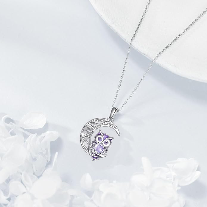 Owl Birthstone Necklace Sterling Silver Celtic Moon Pendant Cubic Zirconia Owls Jewelry Birthday Gifts for Women Men